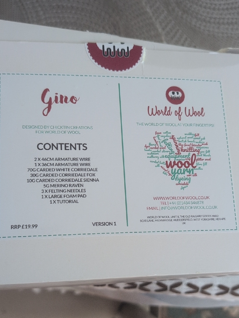 World of Wool Gino Needle Felting Kit - White with Red and Green Accents